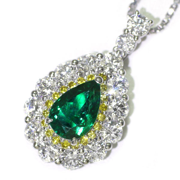 Pt Brazilian F1 Emerald Diamond Pendant Necklace 1.01ct D1.53ct YD0.20ct 