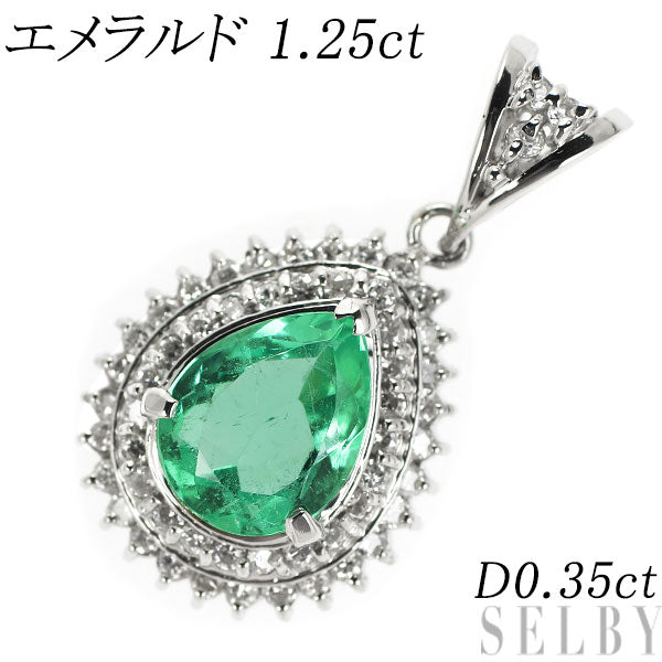 Pt900 Emerald Diamond Pendant Top 1.25ct D0.35ct 