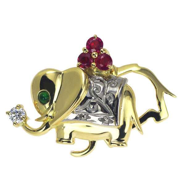 Heiwado Trading K18YG/WG Ruby Emerald Diamond Pin Brooch 0.29ct D0.06ct Elephant 