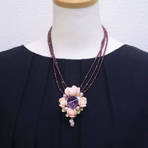 Sachi Fukuhara K18YG/WG Amethyst Diamond Freshwater Pearl Colored Stone Pendant Necklace and Brooch 25.44ct D0.30ct 