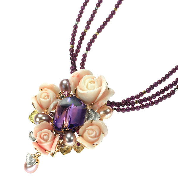 Sachi Fukuhara K18YG/WG Amethyst Diamond Freshwater Pearl Colored Stone Pendant Necklace and Brooch 25.44ct D0.30ct 