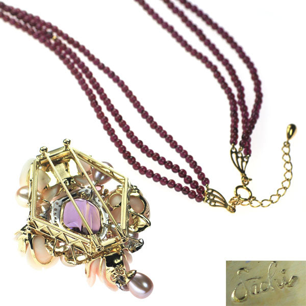 Sachi Fukuhara K18YG/WG Amethyst Diamond Freshwater Pearl Colored Stone Pendant Necklace and Brooch 25.44ct D0.30ct 