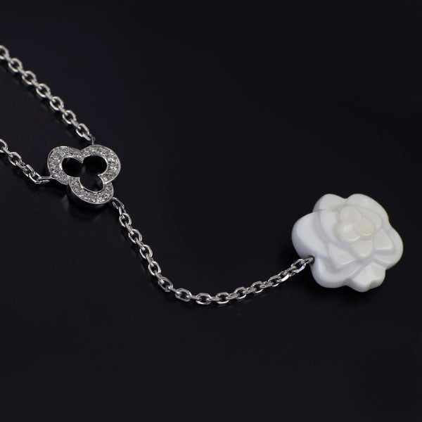 Chanel K18WG White Chalcedony Diamond Pendant Necklace Camellia 