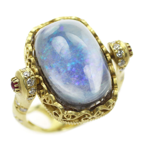 K18YG laminated boulder opal/synthetic quartz ruby ​​diamond ring and pendant top R0.08ct D0.28ct elephant reversible 