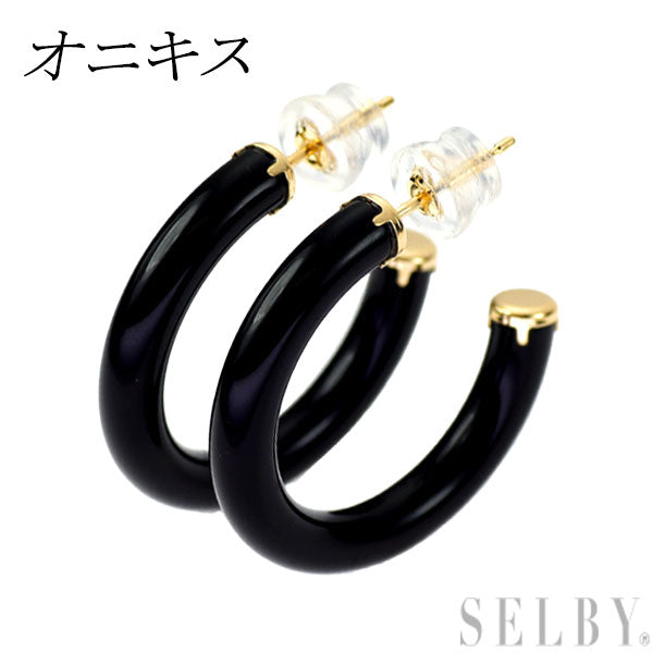 New K18YG Onyx Earrings Hoop 