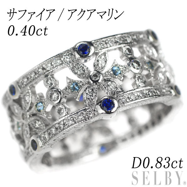 K18WG Diamond Sapphire Aquamarine Ring 0.83ct S/AQ0.40ct Snowflake 