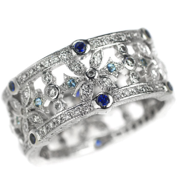 K18WG Diamond Sapphire Aquamarine Ring 0.83ct S/AQ0.40ct Snowflake 