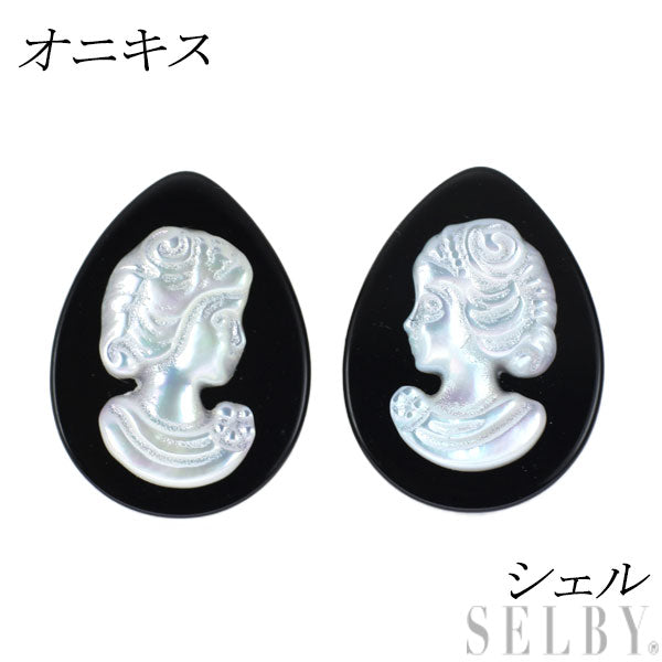 New K18YG onyx shell earrings pair shape 