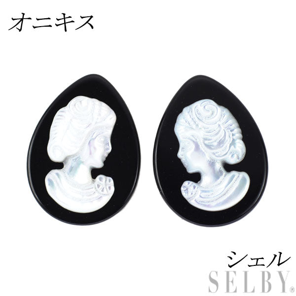 New K18YG onyx shell earrings pair shape 