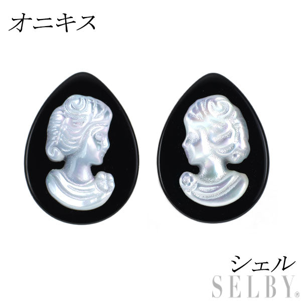 New K18YG onyx shell earrings pair shape 