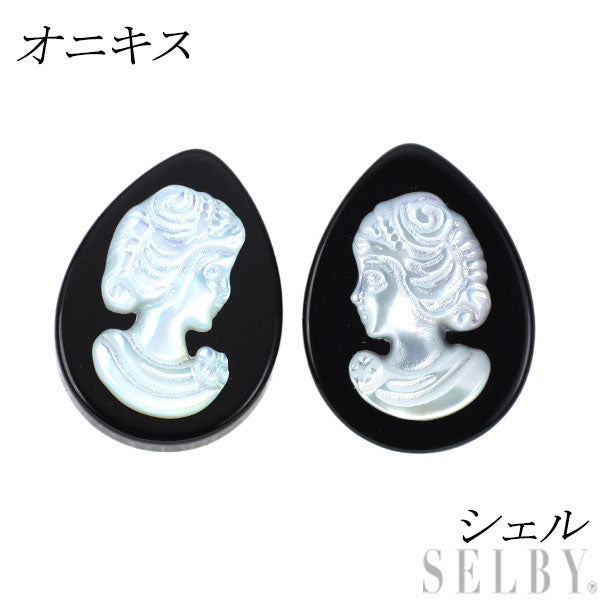 New K18YG onyx shell earrings pair shape 