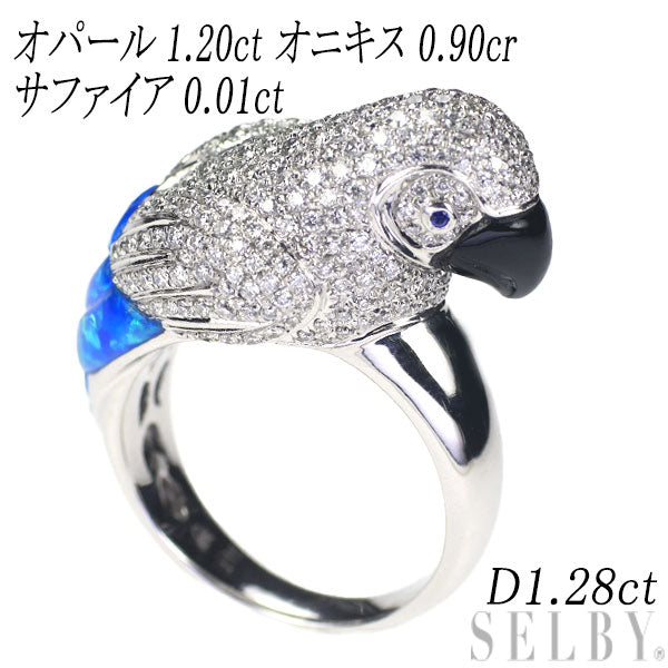 K18WG ダイヤモンド オパール オニキス サファイア リング 1.28ct OP1.20ct OX0.90ct S0.01ct 鳥 オウム