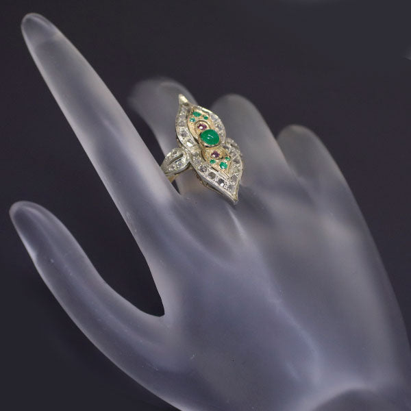 SV800/K12YG Emerald Ruby Diamond Ring Vintage 