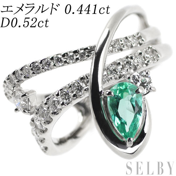 Pt900 Pear Shape Emerald Diamond Ring 0.441ct D0.52ct 