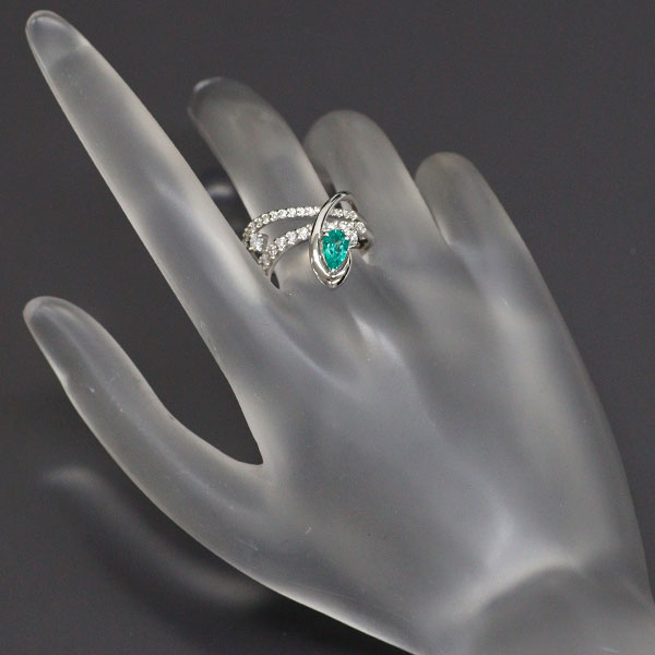 Pt900 Pear Shape Emerald Diamond Ring 0.441ct D0.52ct 