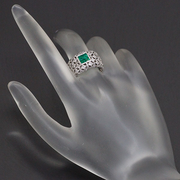 K18WG Emerald Diamond Ring 0.40ct D0.60ct Florence Carving 