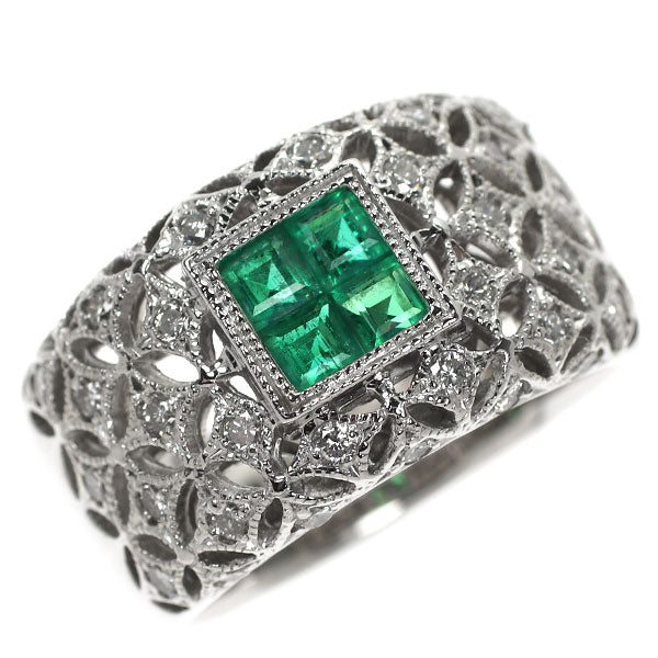 K18WG Emerald Diamond Ring 0.40ct D0.60ct Florence Carving 