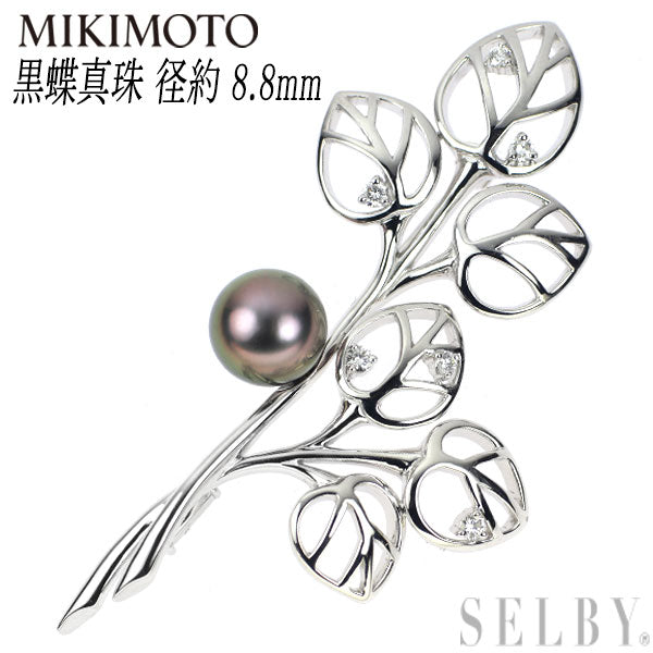 MIKIMOTO K18WG Black Pearl Diamond Brooch Diameter approx. 8.8mm Plant Tree 