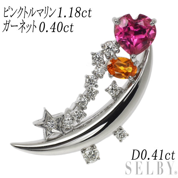 Pt900/ K14WG Pink Tourmaline Garnet Diamond Brooch 1.18ct G0.40ct D0.41ct 