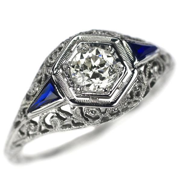 K18WG old cut diamond and synthetic sapphire ring 