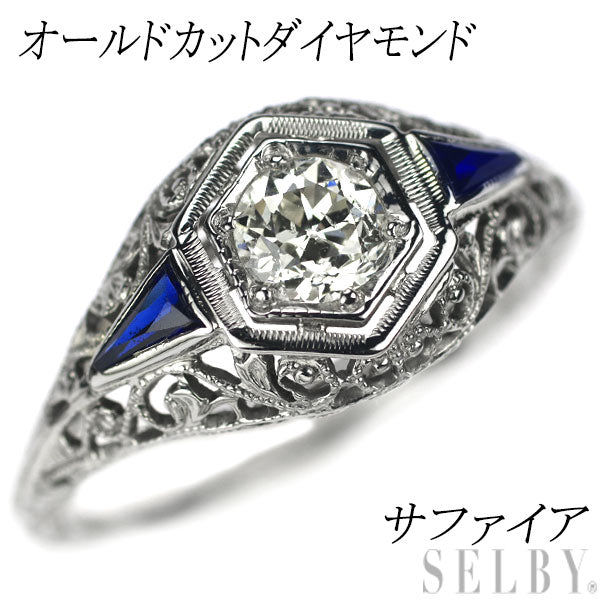 K18WG old cut diamond and synthetic sapphire ring 