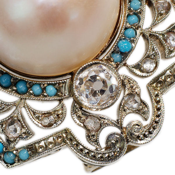 K14WG Mabe Pearl/Pearl Turquoise Old Cut Diamond Obi Clasp Vintage Product 