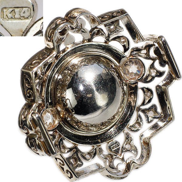 K14WG マベ 真珠/パール トルコ石 オールドカットダイヤモンド 帯留め 陽刻ヴィンテージ製品