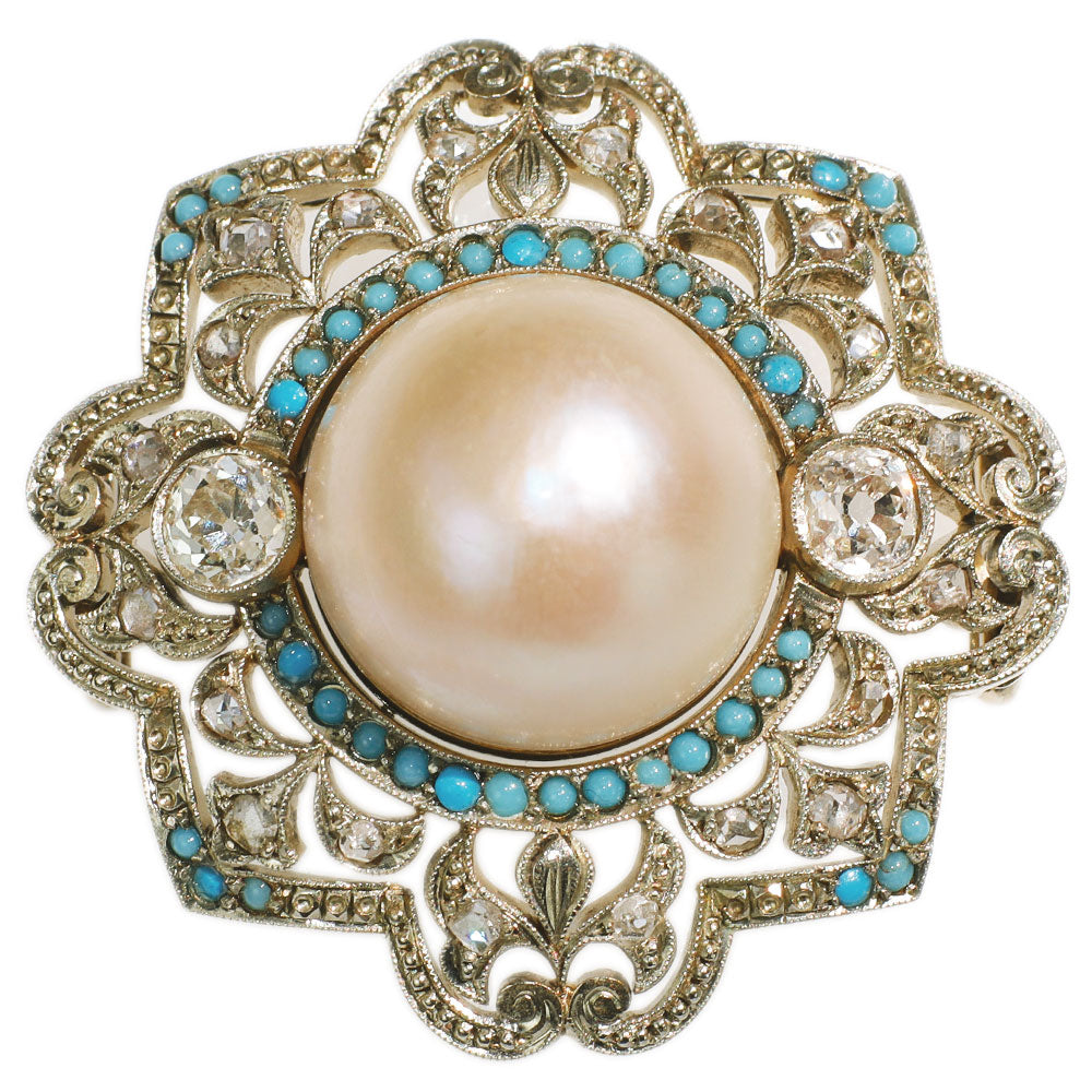 K14WG Mabe Pearl/Pearl Turquoise Old Cut Diamond Obi Clasp Vintage Product 