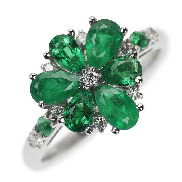 GSTV Pt950 Emerald Diamond Ring 0.75ct D0.12ct Flower 