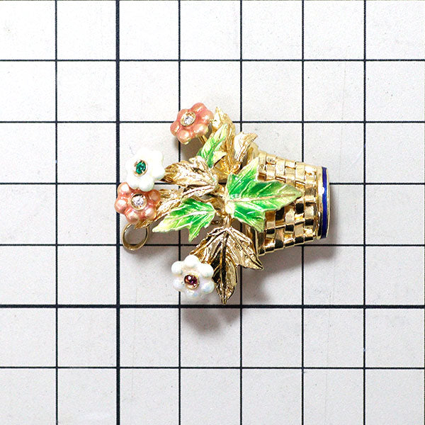 Enamel/K18YG Ruby, Emerald, Diamond Brooch and Pendant Top Flower 
