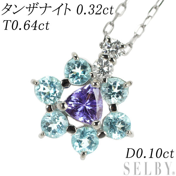 Pt Tanzanite Paraiba Tourmaline Diamond Pendant Necklace 0.32ct T0.64ct D0.10ct Flower 