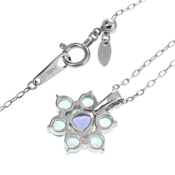 Pt Tanzanite Paraiba Tourmaline Diamond Pendant Necklace 0.32ct T0.64ct D0.10ct Flower 