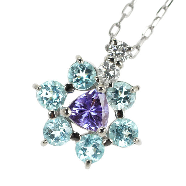 Pt Tanzanite Paraiba Tourmaline Diamond Pendant Necklace 0.32ct T0.64ct D0.10ct Flower 