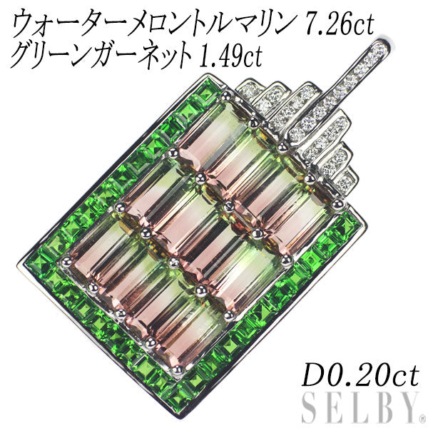 Pt900 ウォーターメロントルマリン グリーンガーネット ダイヤ ペンダントトップ 7.26ct G1.49ct D0.20ct