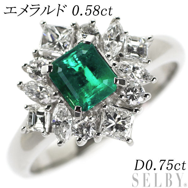 Pt900 emerald diamond ring 0.58ct D0.75ct 