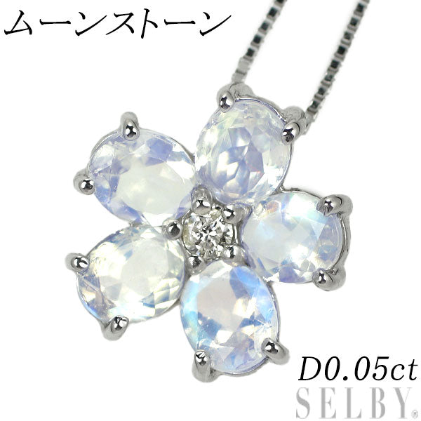 K18WG Moonstone Diamond Pendant Necklace D0.05ct Flower 