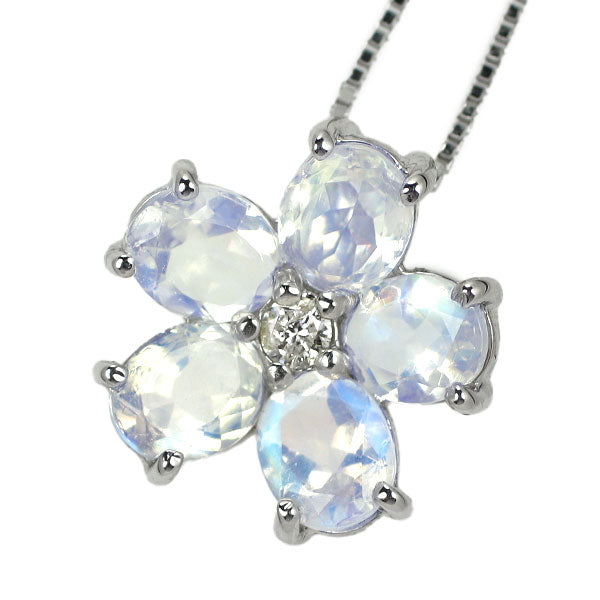 K18WG Moonstone Diamond Pendant Necklace D0.05ct Flower 