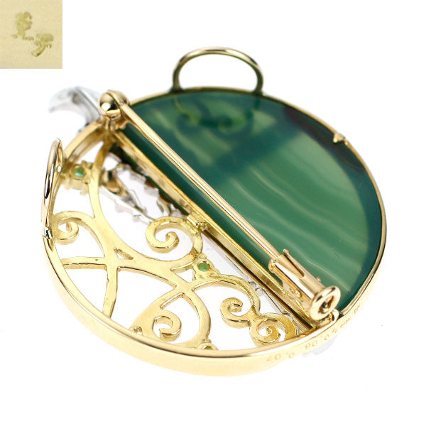 Mizuno Kaoruko K18YG/WG Agate Emerald Diamond Brooch and Pendant E0.06ct D0.07ct Street Light Moon 