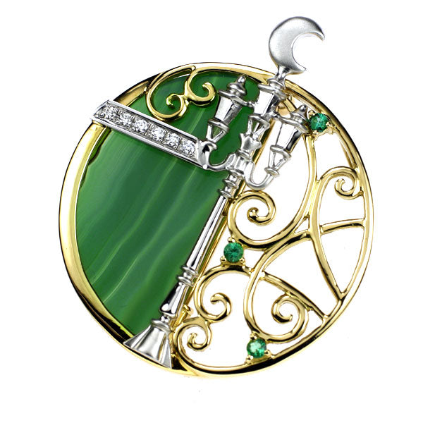 Mizuno Kaoruko K18YG/WG Agate Emerald Diamond Brooch and Pendant E0.06ct D0.07ct Street Light Moon 