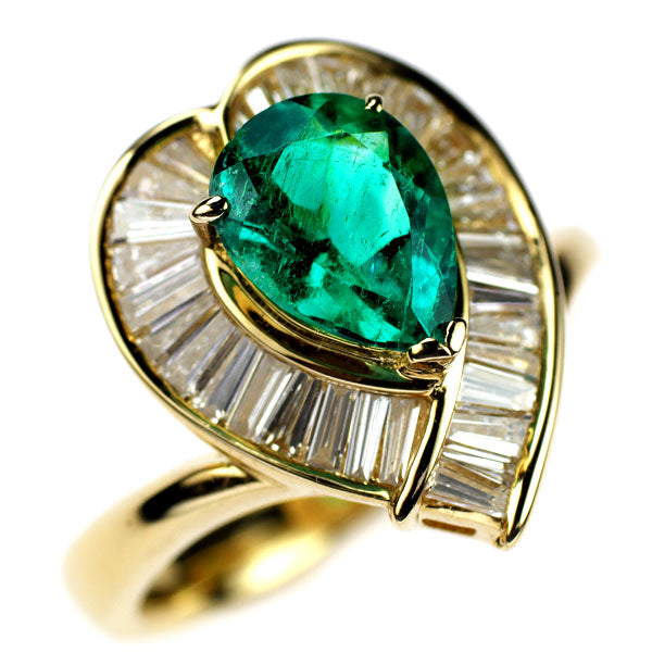 K18YG Pear Shape Emerald Diamond Ring 1.53ct D1.20ct Plant 