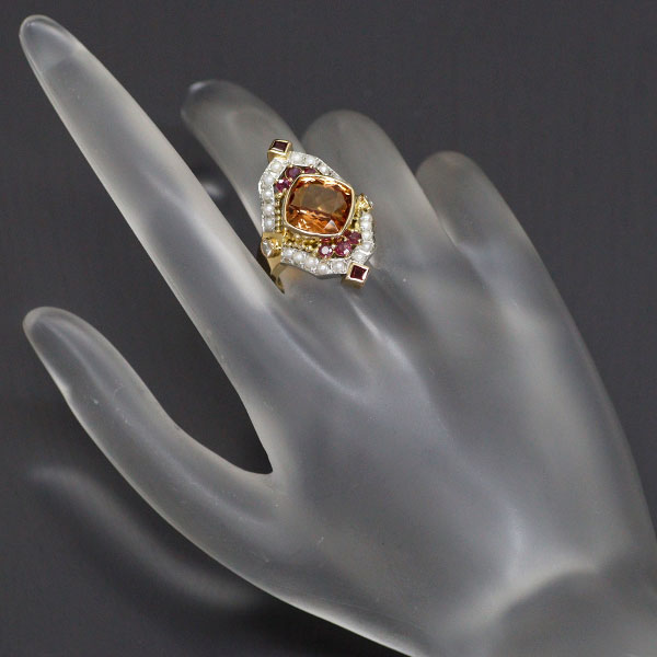 Chiho Tamiya K18YG/Pt900 Imperial Topaz Ruby Diamond Baby Pearl Ring 5.35ct R0.20ct D0.11ct 