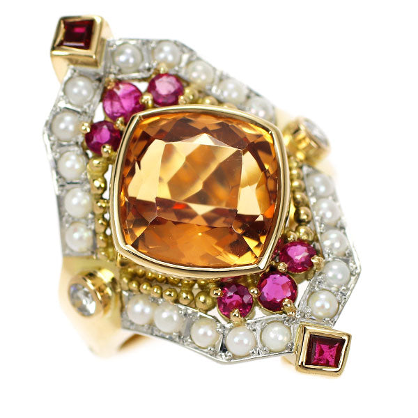 Chiho Tamiya K18YG/Pt900 Imperial Topaz Ruby Diamond Baby Pearl Ring 5.35ct R0.20ct D0.11ct 