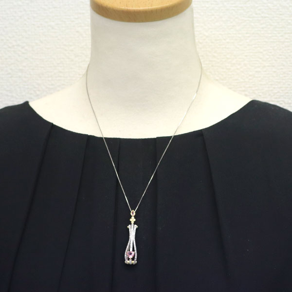 K18YG/WG Morganite Pink Sapphire Chalcedony Diamond Pendant Necklace 0.83ct PS0.16ct D0.23ct 