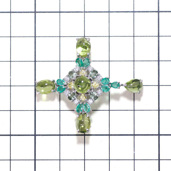 K14WG/K18WG Peridot Color Sapphire Emerald Brooch/Pendant 7.63ct CS1.66ct E1.12ct Cross 