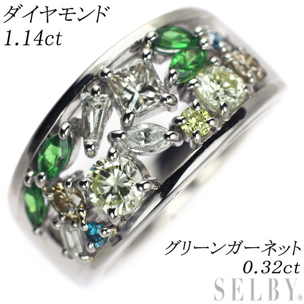 Pt900 ダイヤモンド グリーンガーネット リング 1.14ct GG0.32ct