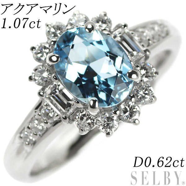 Pt900 Aquamarine Diamond Ring 1.07ct D0.62ct 