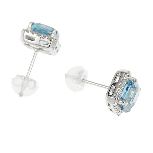 New Pt900 Asscher Cut Blue Zircon Rose Cut Diamond Earrings 3.40ct D0.18ct 