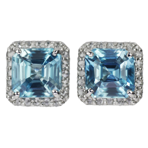 New Pt900 Asscher Cut Blue Zircon Rose Cut Diamond Earrings 3.40ct D0.18ct 