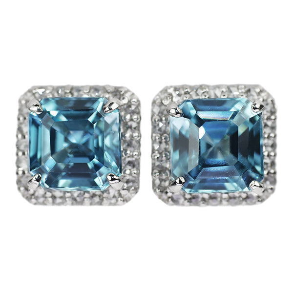 New Pt900 Asscher Cut Blue Zircon Rose Cut Diamond Earrings 3.20ct D0.18ct 