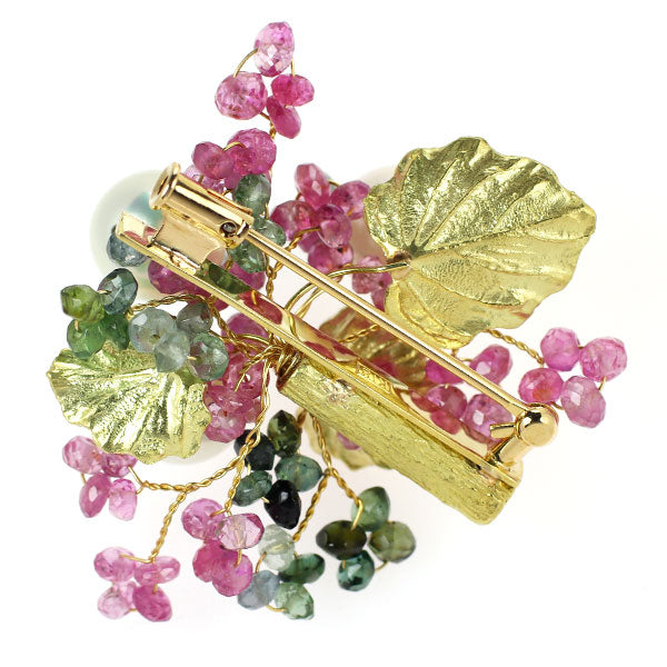 K18YG Akoya pearl, pink sapphire, tourmaline brooch, diameter approx. 8.6mm, plant 